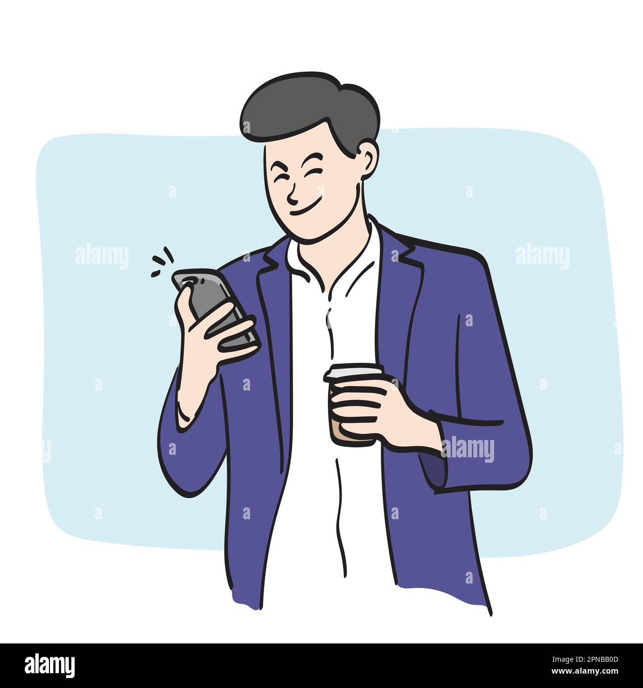 homme d'affaires de l'art de ligne utilisant un smartphone et une tasse à café à emporter dans la main illustration vecteur dessiné à la main isolé sur fond blanc Illustration de Vecteur