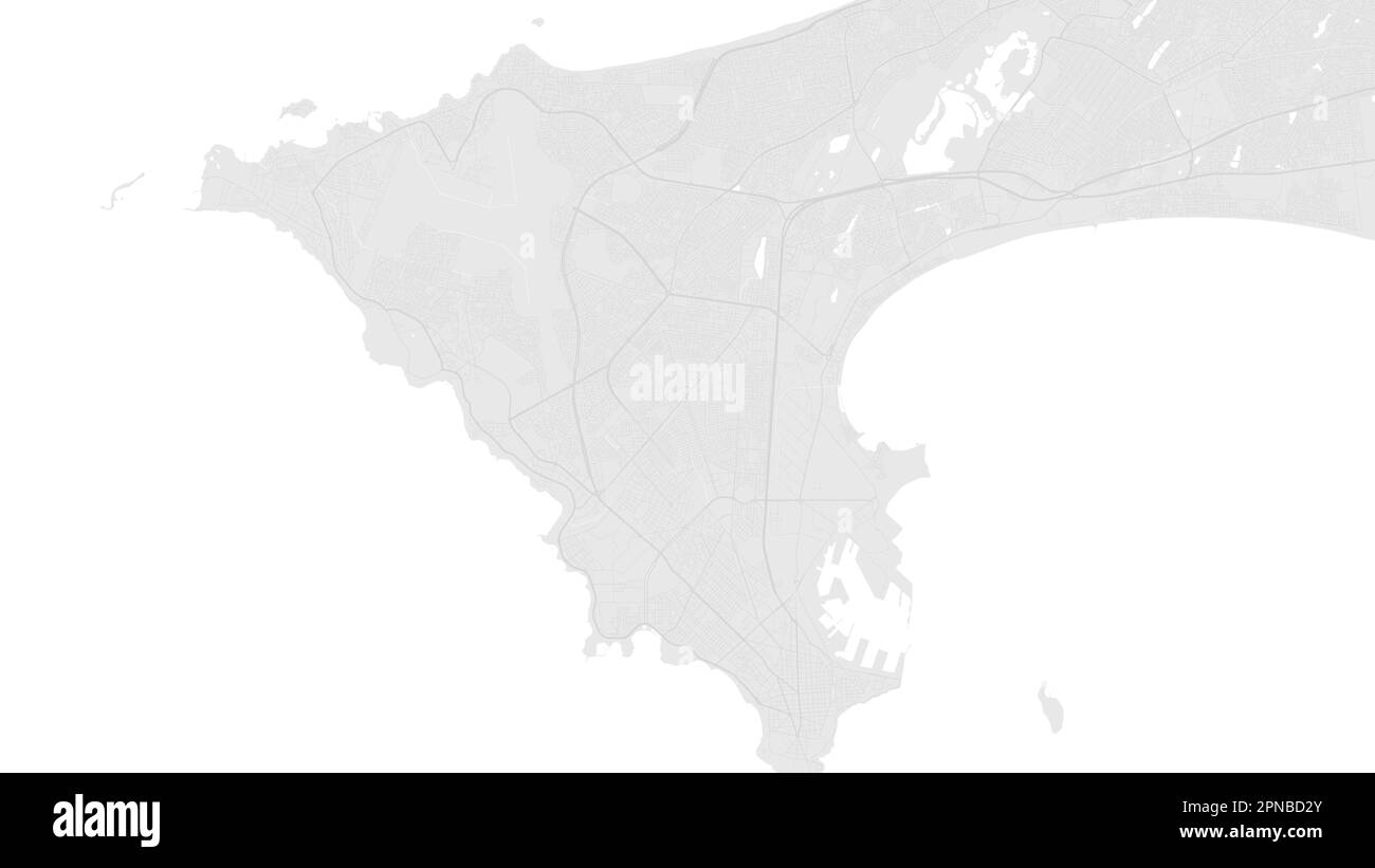 Carte d'arrière-plan vectorielle de la ville de Dakar, blanc et gris clair, routes et illustration de l'eau. Format écran large, feuille de route de la conception numérique à plat. Illustration de Vecteur