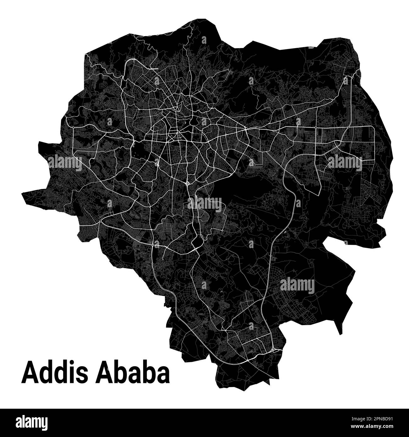 Carte d'Addis-Abeba, Éthiopie. Carte détaillée noire de la zone administrative de la ville d'Addis-Abeba. Vue sur l'aria métropolitain avec affiche CityScape. Terre noire avec blanc Illustration de Vecteur