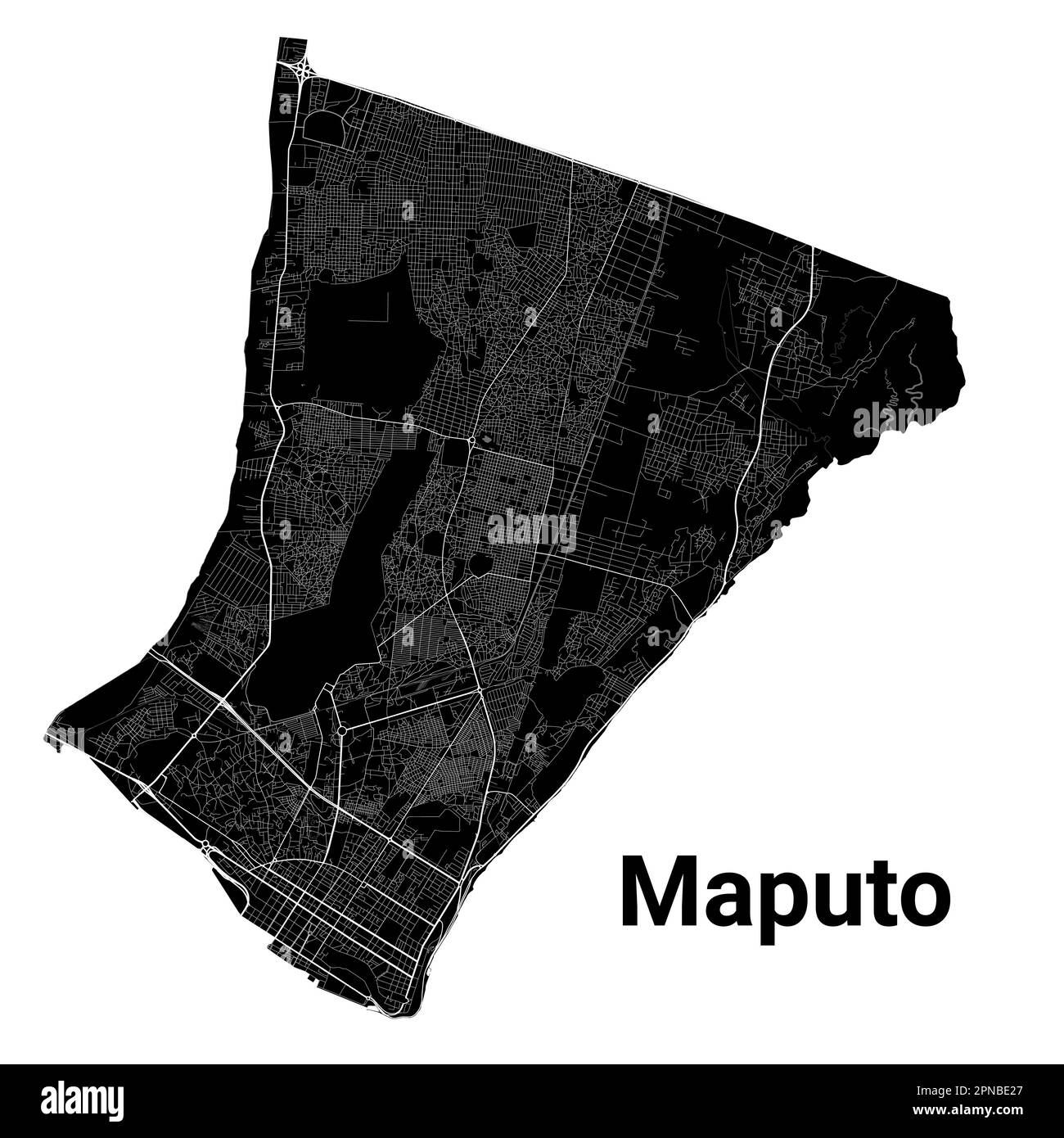 Plan de la ville de Maputo, capitale du Mozambique. Frontières administratives municipales, carte des zones en noir et blanc avec rivières et routes, parcs et chemins de fer. Vecteur i Illustration de Vecteur
