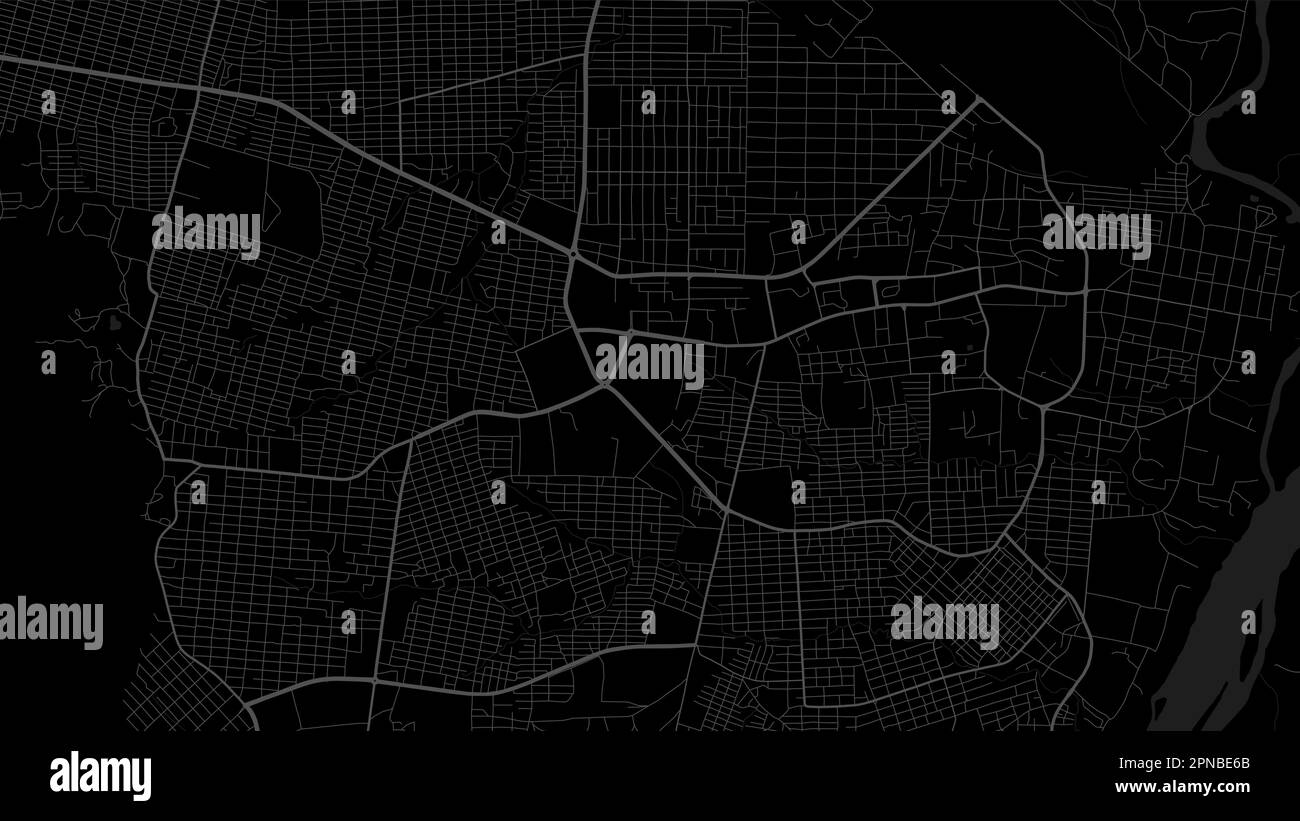 Fond Juba carte, Soudan du Sud, affiche noire de la ville. Carte vectorielle avec routes et eau. Format écran large, feuille de route de la conception numérique à plat. Illustration de Vecteur
