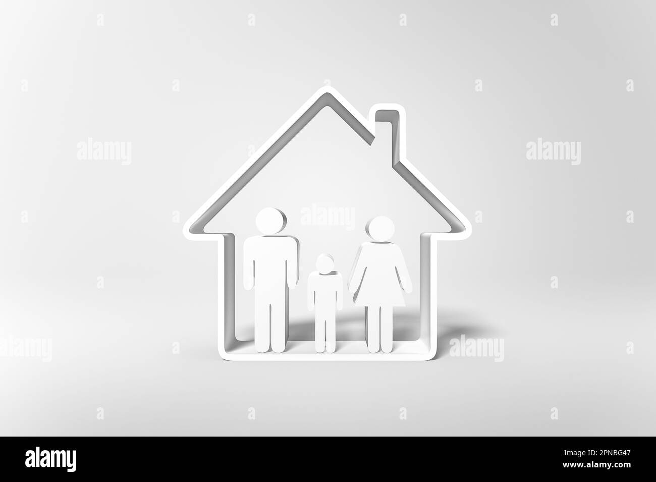 Figurines blanches placées dans un cadre en forme de maison représentant le concept de famille aimante à la maison sur fond blanc Banque D'Images