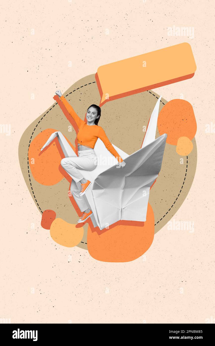 Image de collage vertical de mini noir blanc gamma fille s'assoir volant grand papier origami cygne espace vide dialogue bulle isolée sur fond beige Banque D'Images