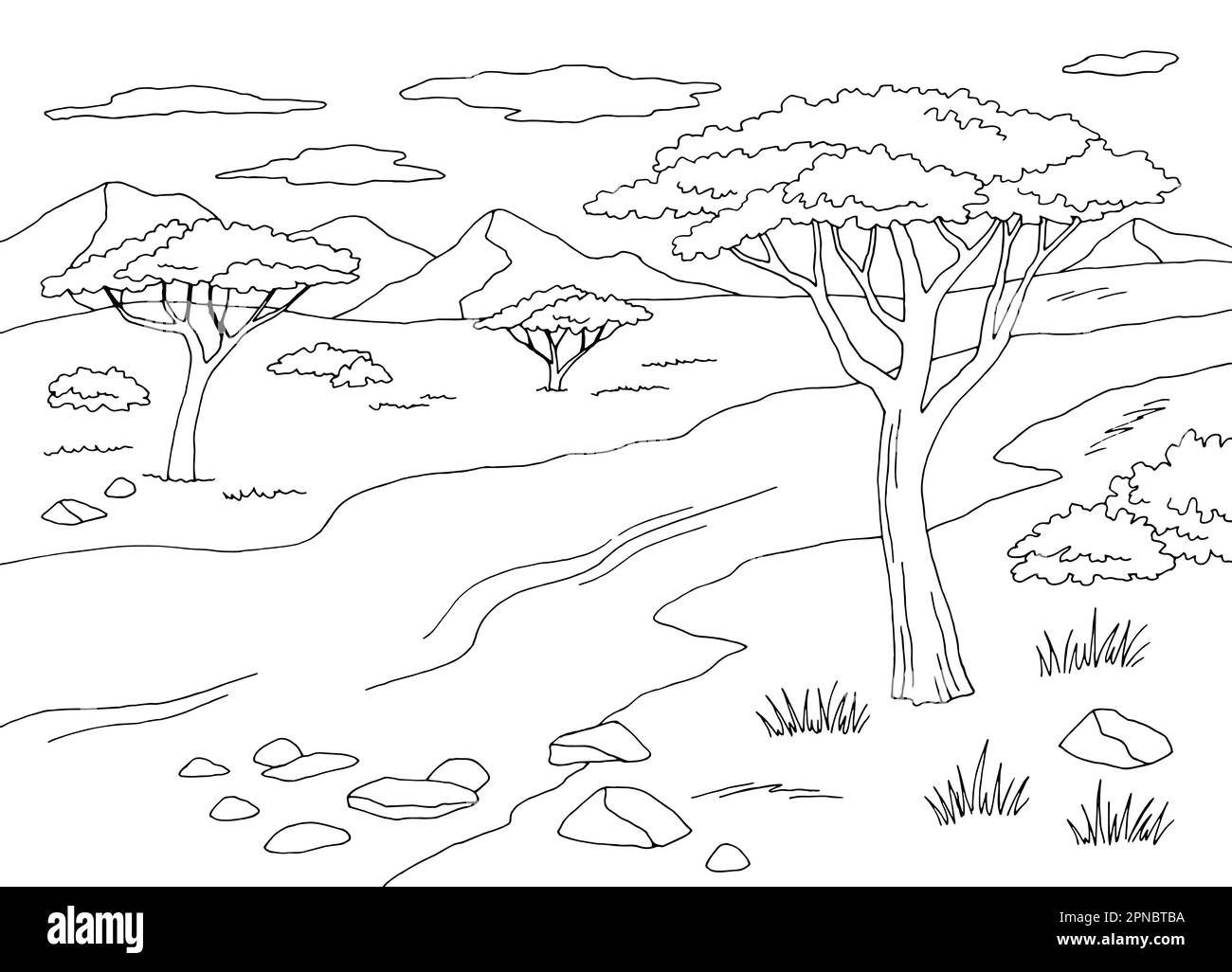 Savannah rivière coloriage graphique noir blanc paysage dessin illustration vecteur Illustration de Vecteur