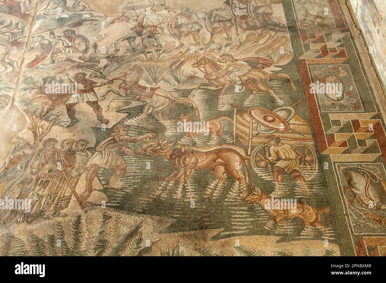 Mosaïques romaines, sol dans la Villa Romana del Tellaro, il est situé près de Noto, province de Syracuse, Sicile, Italie, Europe. Banque D'Images