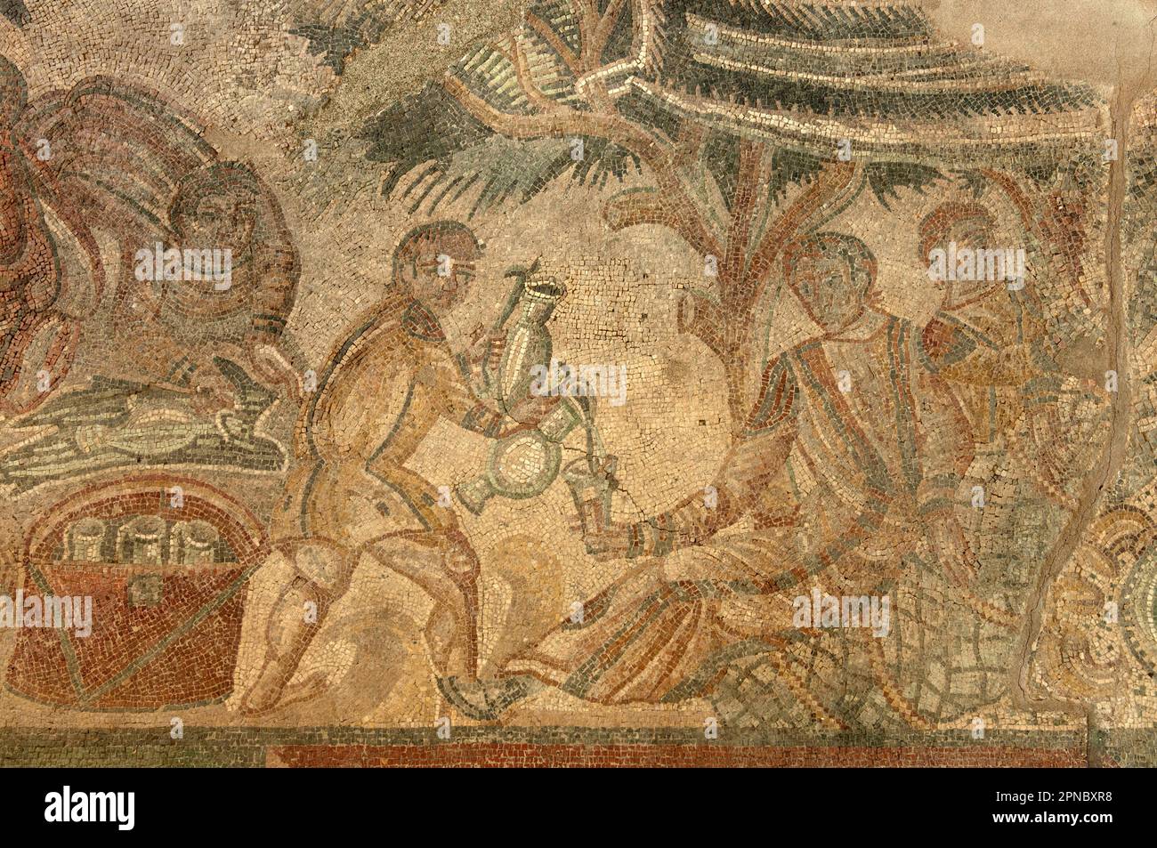 Mosaïques romaines, sol dans la Villa Romana del Tellaro, il est situé près de Noto, province de Syracuse, Sicile, Italie, Europe. Banque D'Images