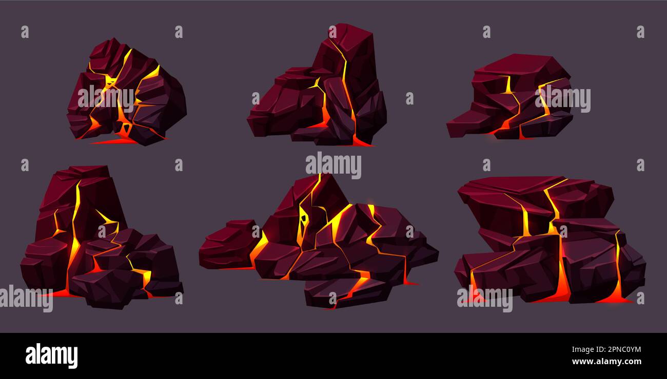 Texture de roche volcanique avec lave dans les fissures et les pierres cassées. Roches volcaniques avec effet de lumière dans les fissures et les ruptures de surface avec magma chaud, illustration de dessin animé vectoriel Illustration de Vecteur