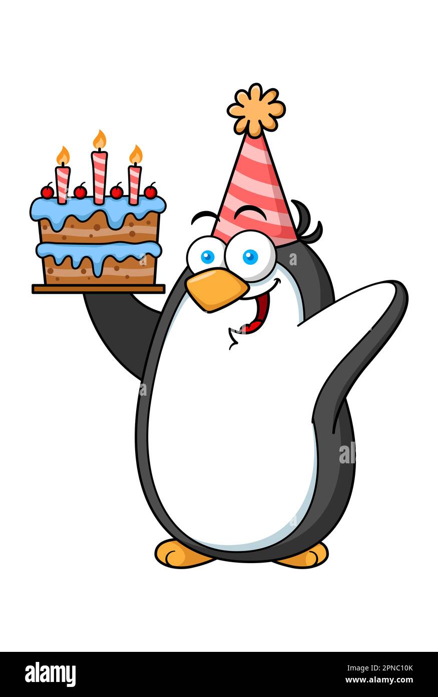 Motif pingouin mascotte personnage tenant gâteau d'anniversaire Illustration de Vecteur