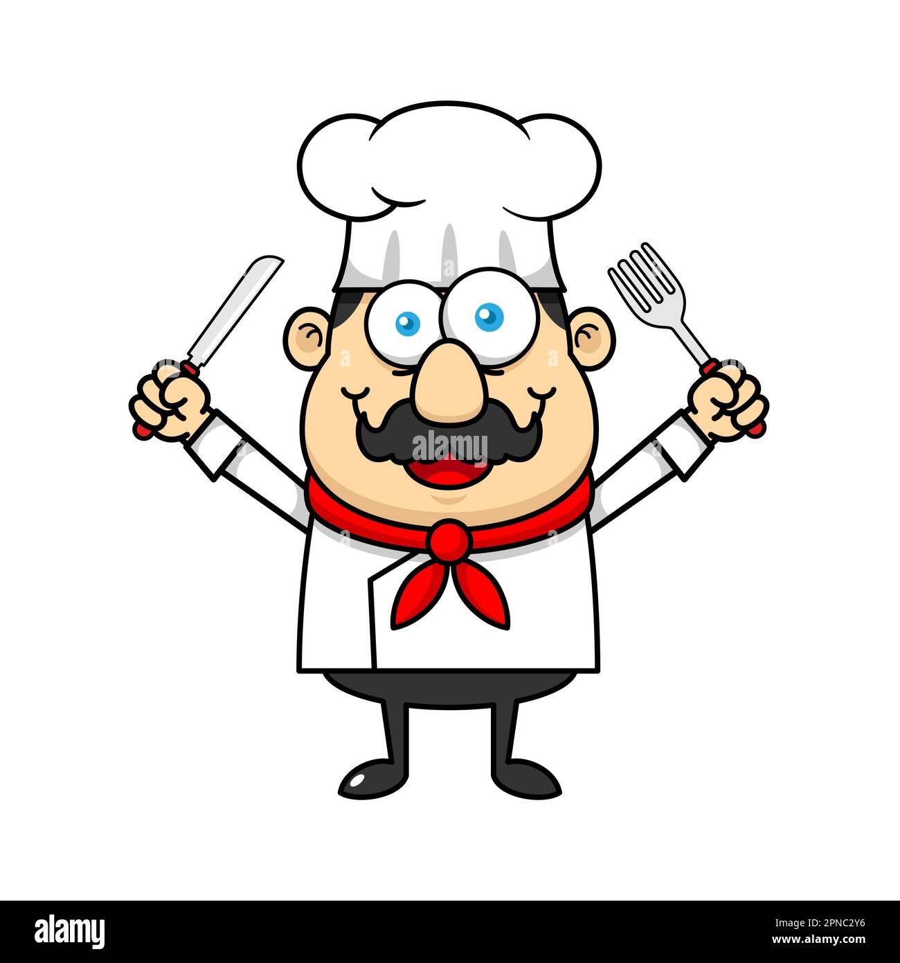 Chef Mascot logo personnage de dessin animé tenant une fourchette et un couteau Illustration de Vecteur