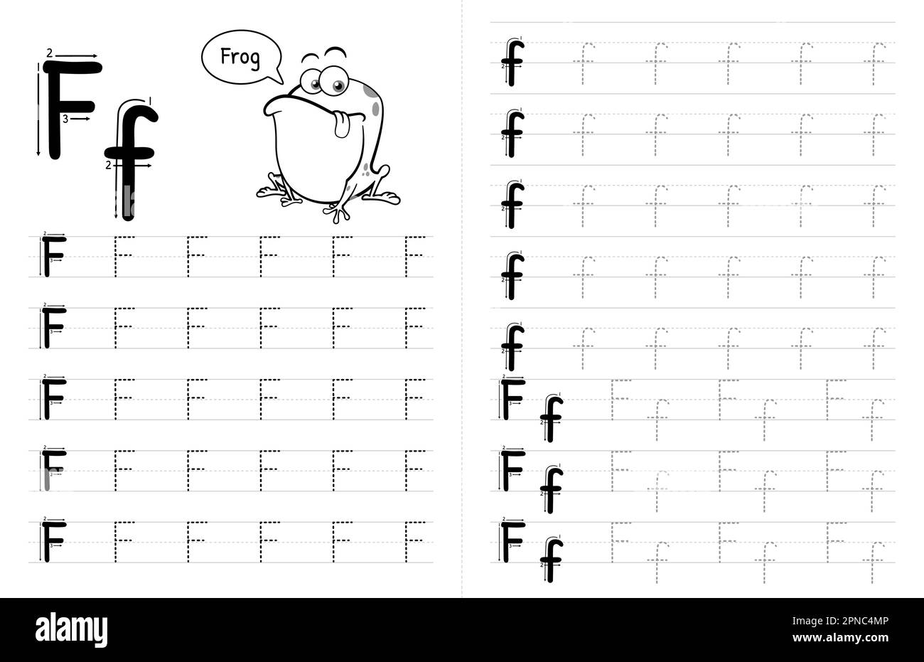 ABC alphabets Tracing Book Interior pour enfants. Enfants écrivant la feuille de travail avec photo. Éléments vectoriels Premium lettre F. Illustration de Vecteur