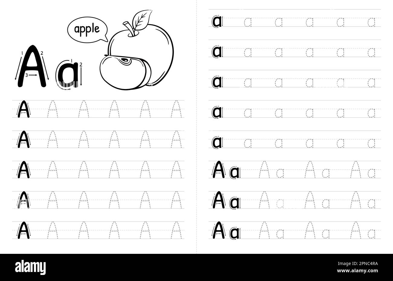 ABC alphabets Tracing Book Interior pour enfants. Enfants écrivant la feuille de travail avec photo. Éléments vectoriels Premium lettre A. Illustration de Vecteur