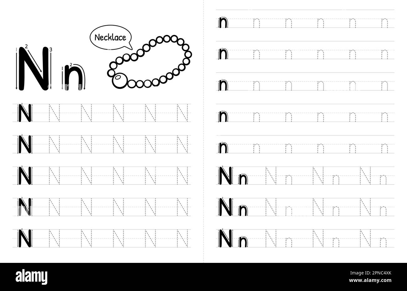 ABC alphabets Tracing Book Interior pour enfants. Enfants écrivant la feuille de travail avec photo. Éléments vectoriels Premium lettre N. Illustration de Vecteur