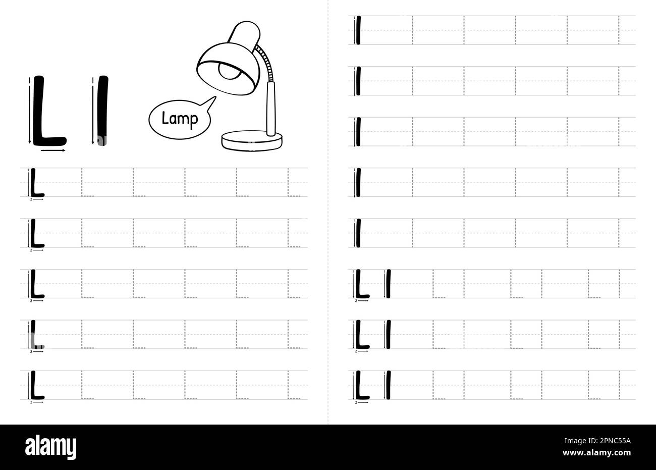 ABC alphabets Tracing Book Interior pour enfants. Enfants écrivant la feuille de travail avec photo. Éléments vectoriels Premium lettre L Illustration de Vecteur
