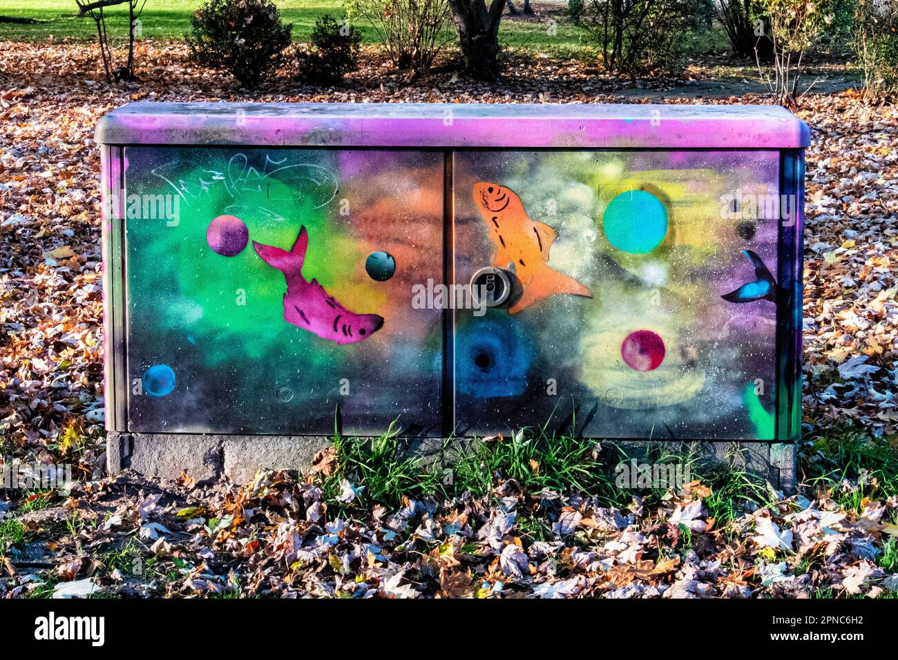 Peinture au poisson coloré sur boîte utilitaire dans Tiergarten,Mitte,Berlin,Allemagne Banque D'Images