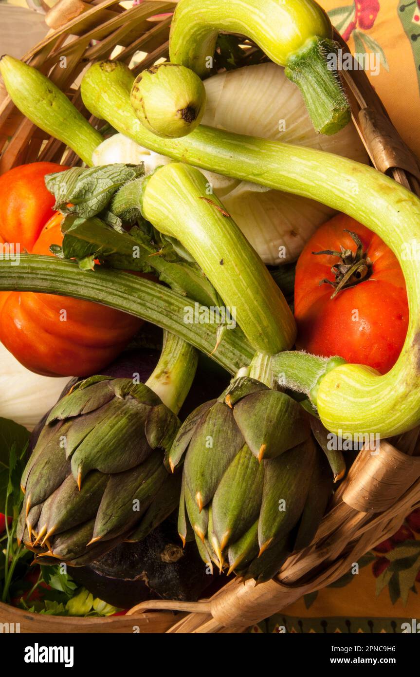 Légumes de la plaine de l'Albenga: Artichaut épineux de l'Albenga, tomate  d'oxheart, citrouille en trompette à Zuccarello; Savona; Ligurie; Italie  Photo Stock - Alamy