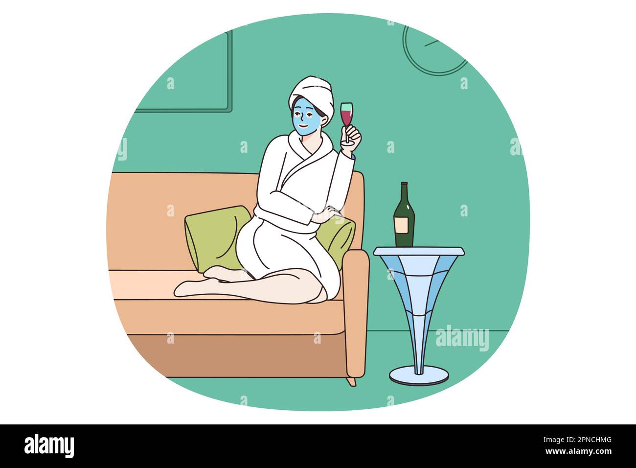 Femme heureuse en peignoir détendez-vous sur le canapé au spa avec une coupe de champagne. Profitez d'un week-end de loisirs seul. Fille souriante avec masque sur le visage ont la journée en saloon. Concept du jour de la beauté. Illustration vectorielle. Illustration de Vecteur