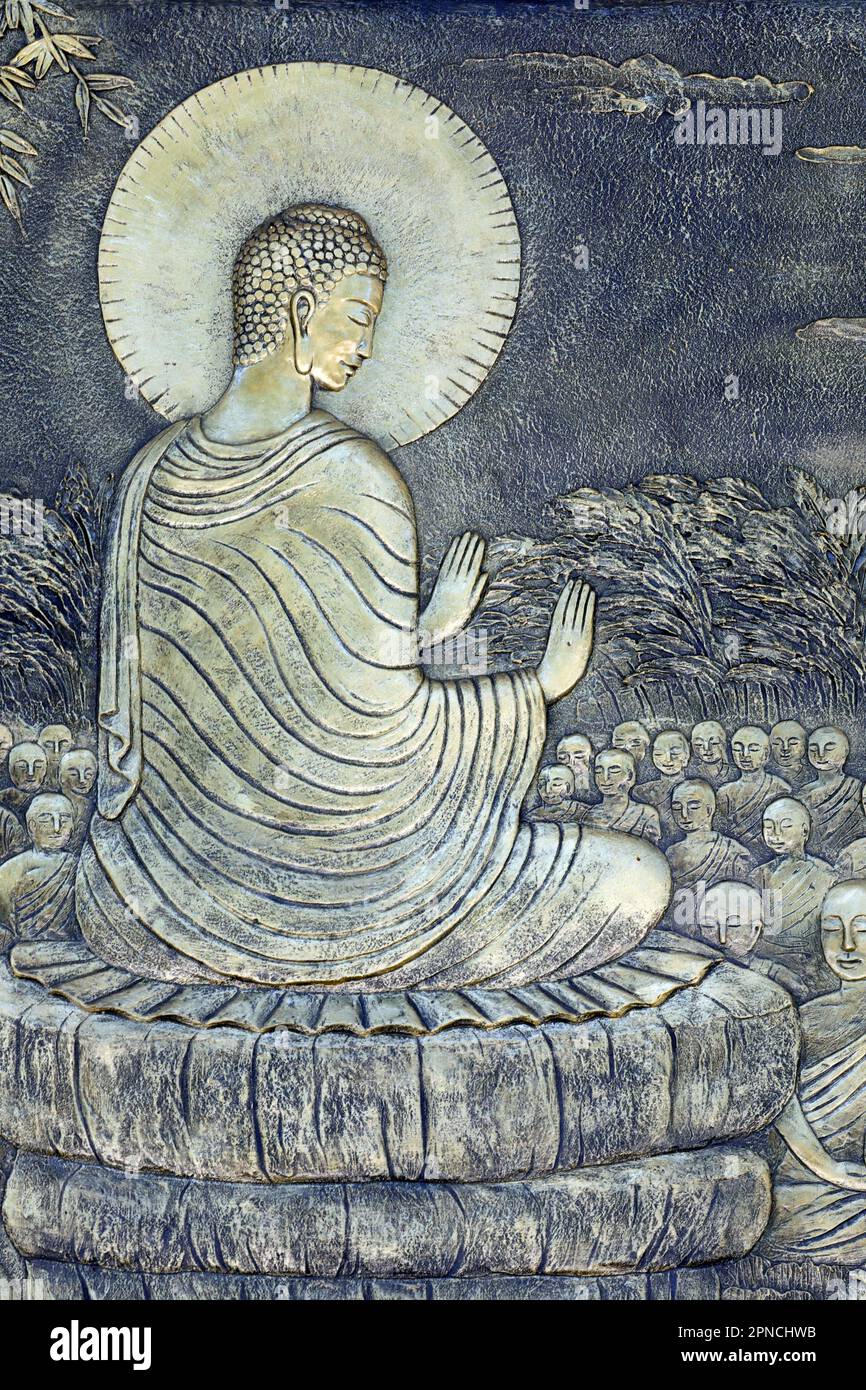 Pagode Tinh Xa Ngoc Chau. Vie de Bouddha, Siddhartha Gautama. Le Bouddha exhorta ses soixante premiers disciples arabes à aller de l'avant dans une direction différente Banque D'Images Pagode Tinh Xa Ngoc Chau. Vie de Bouddha, Siddhartha Gautama. Le Bouddha exhorta ses soixante premiers disciples arabes à aller de l'avant dans une direction différente Banque D'Images