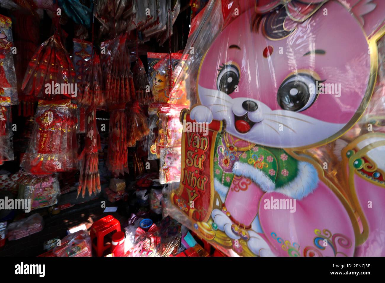 Décorations pour le nouvel an vietnamien et chinois dans un magasin de Cholon, le quartier des chines. Année du lapin. Ho Chi Minh ville. Vietnam. Banque D'Images