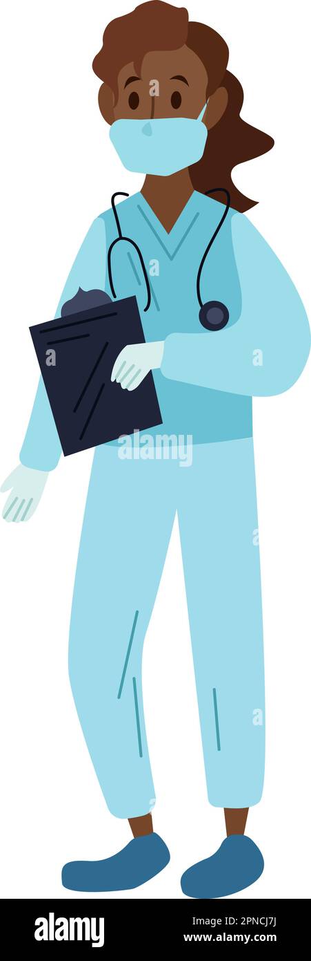 Illustration médecin femme à la peau sombre en couleur de style dessin animé. Conception graphique vectorielle modifiable. Illustration de Vecteur