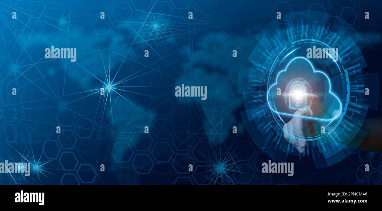 illustration futuriste du nuage avec hud holographique tactile à la main et avec fond abstrait du réseau globe Banque D'Images