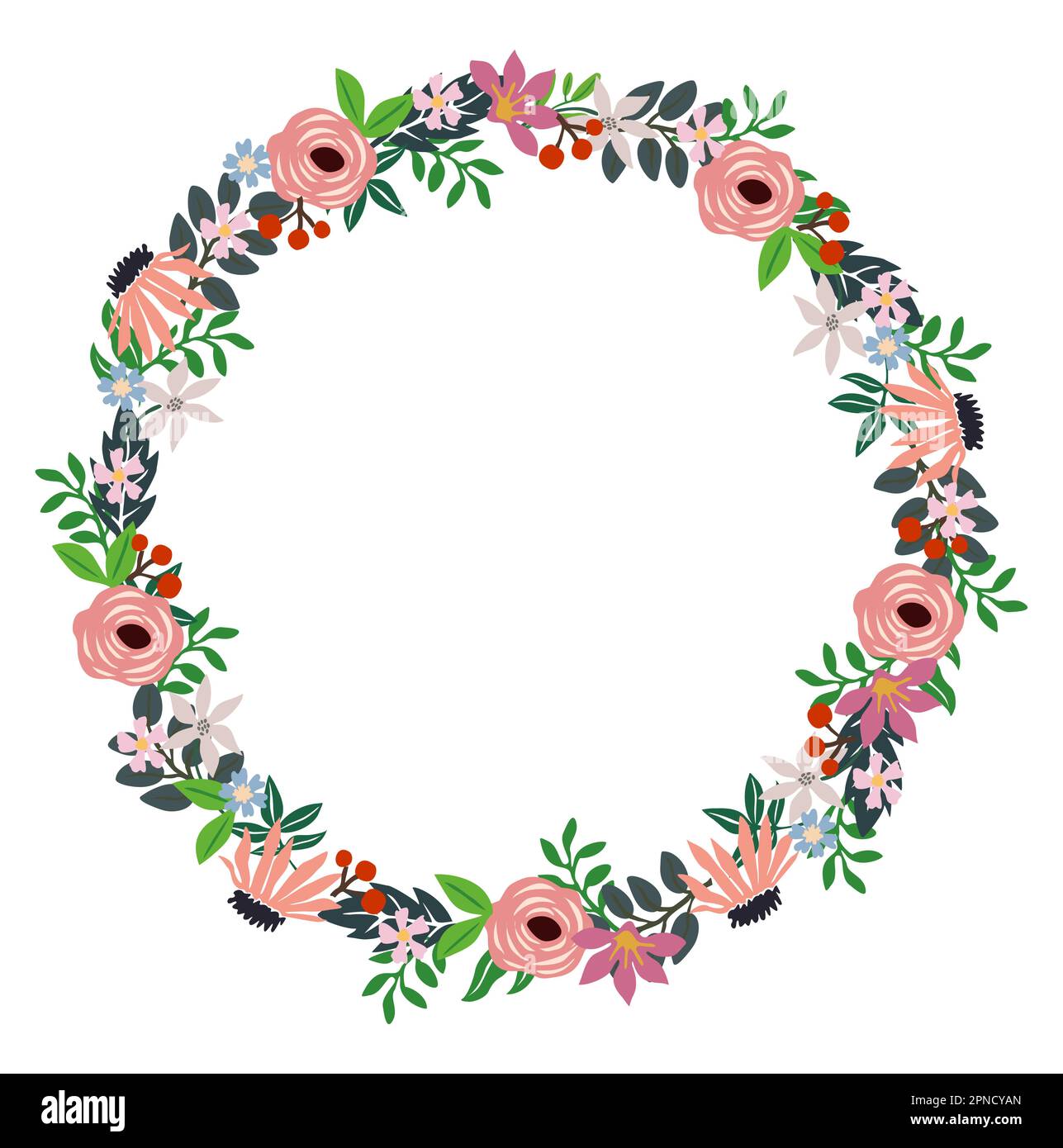 Couronne fleurie. Cadre rond avec fleurs colorées. Illustration de Vecteur