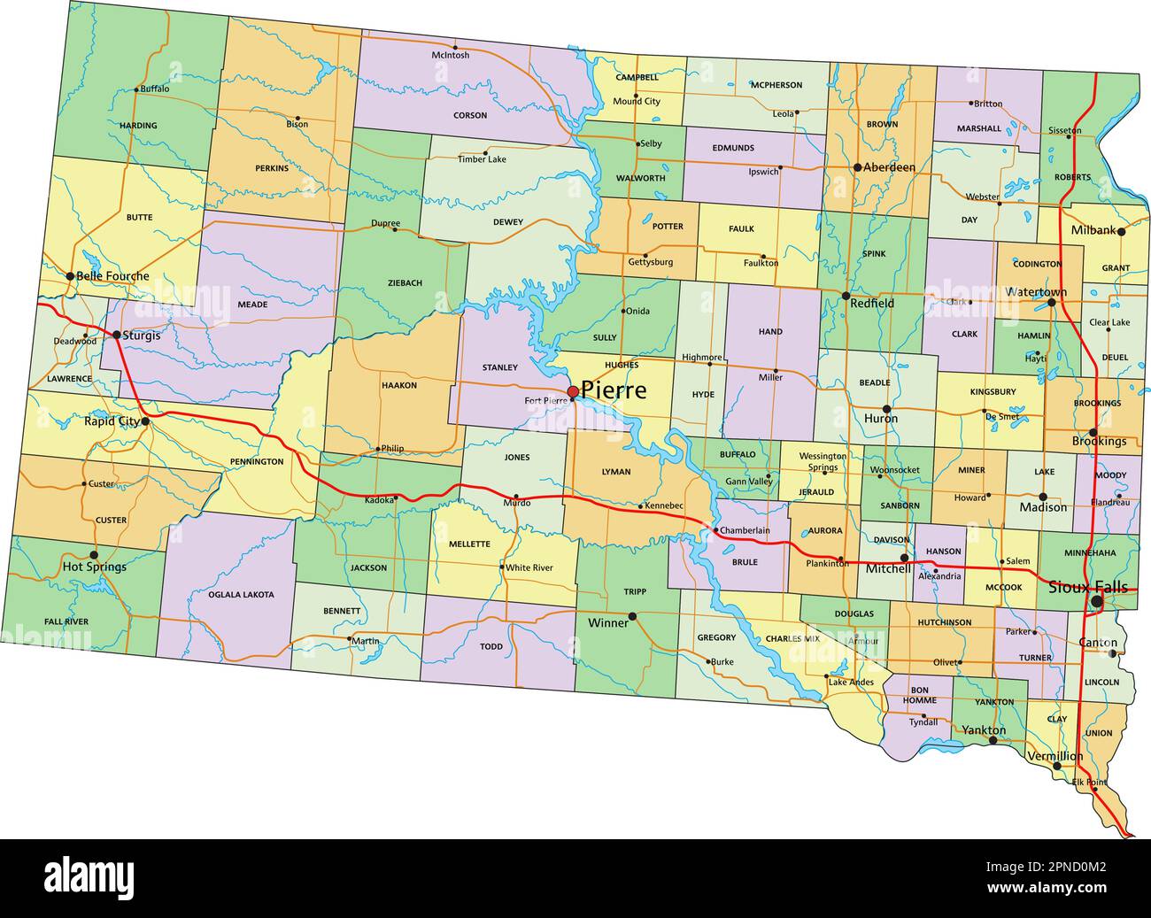 Dakota du Sud - carte politique modifiable très détaillée avec étiquetage. Illustration de Vecteur