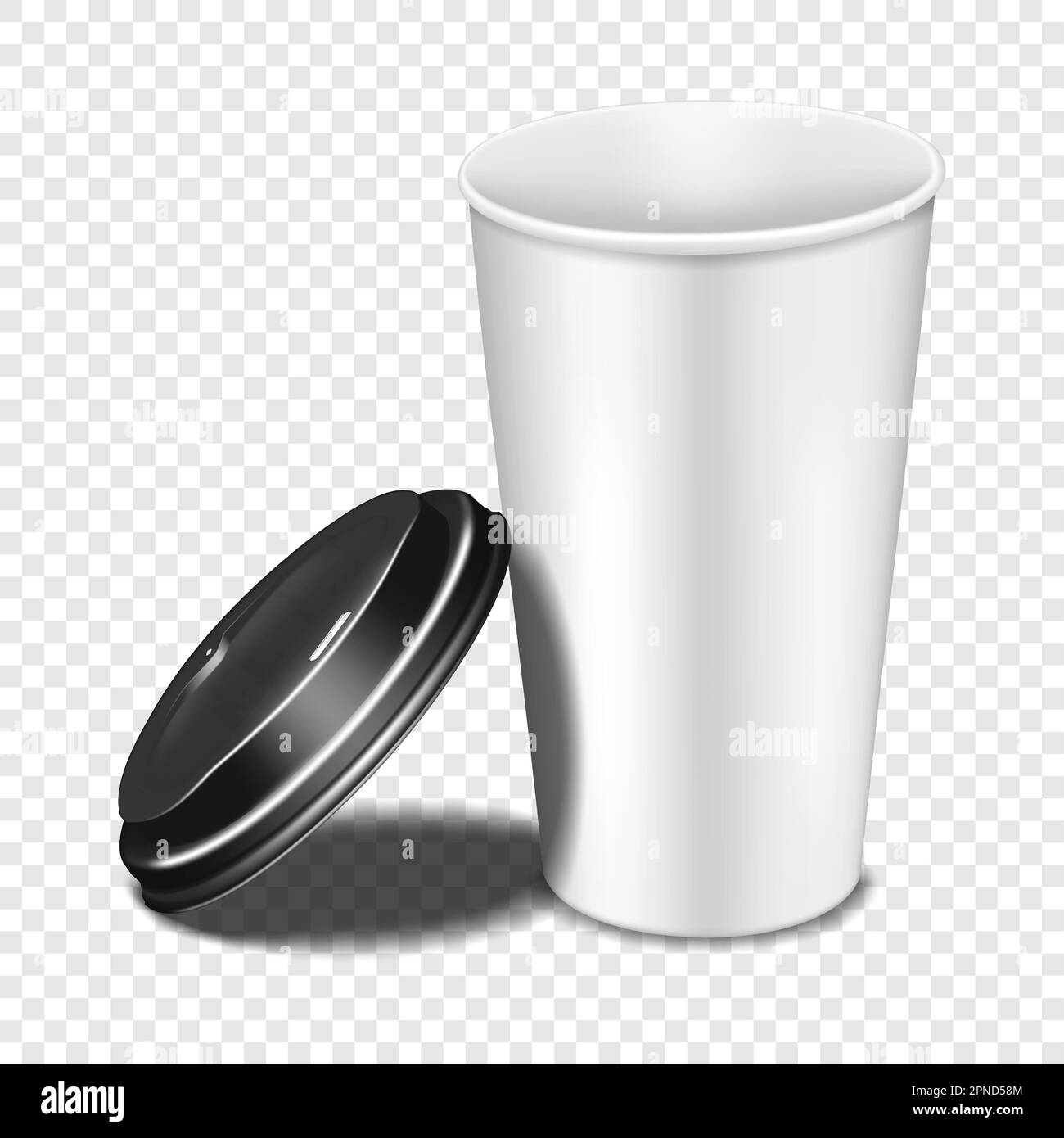 Tasse à café jetable en papier blanc vierge à emporter avec couvercle en plastique noir ouvert sur fond transparent. Maquette de vecteur réaliste. Modèle pour la conception Illustration de Vecteur