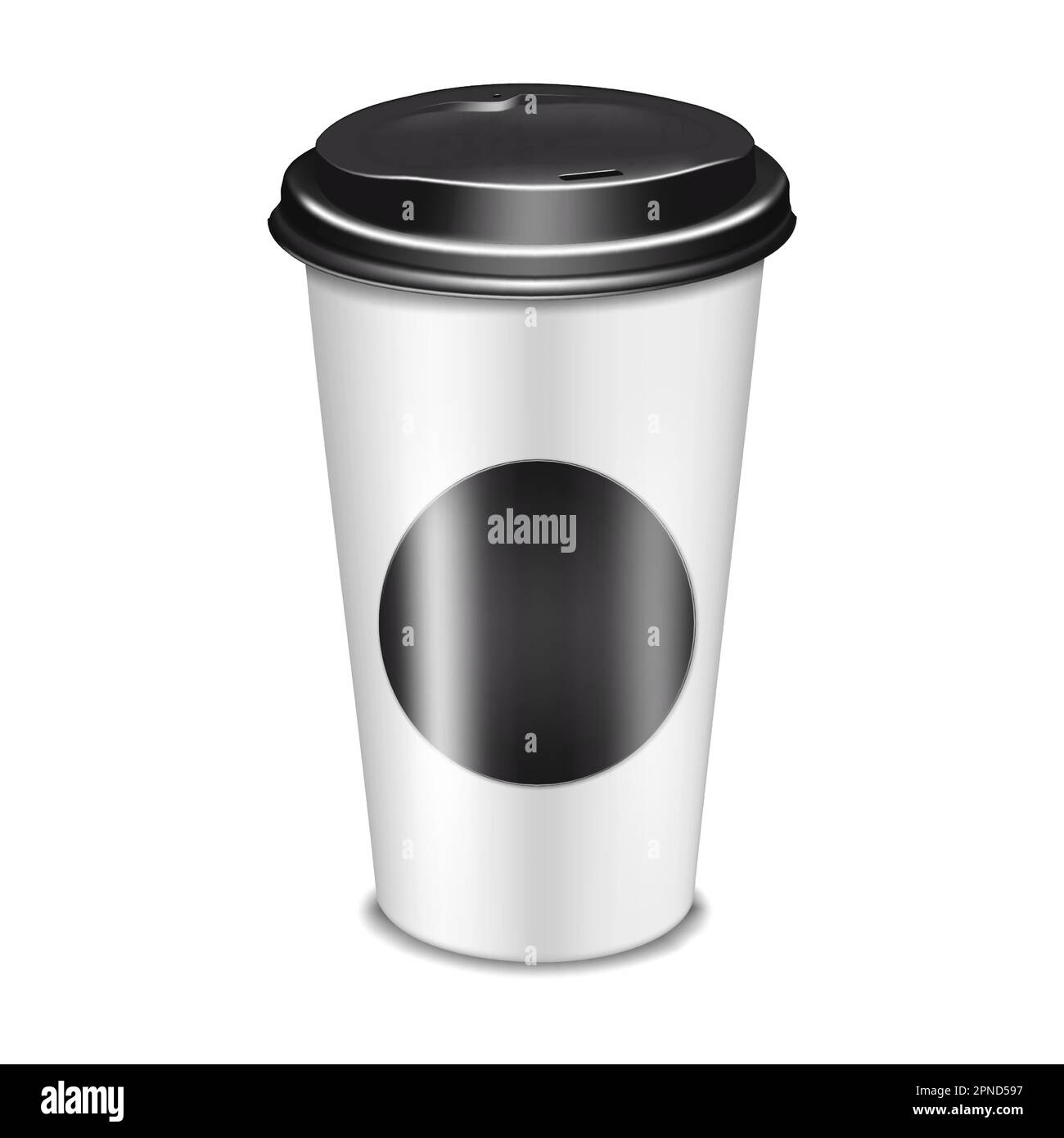 Tasse à café à emporter en papier blanc vierge avec étiquette ronde noire vide et maquette vectorielle de couvercle en plastique. Maquette réaliste pour le design Illustration de Vecteur