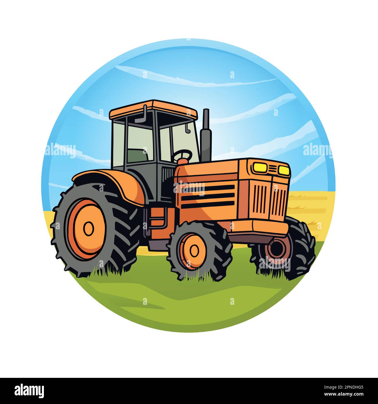 Illustration d'un tracteur dans les champs agricoles, les agriculteurs travaillent dans les terres agricoles. Illustration de Vecteur