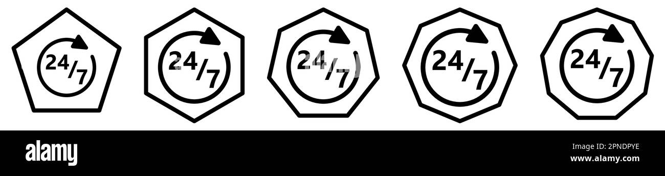 24 7 icône dans les polygones avec un nombre différent d'arêtes. Panneau de support non-stop Illustration de Vecteur