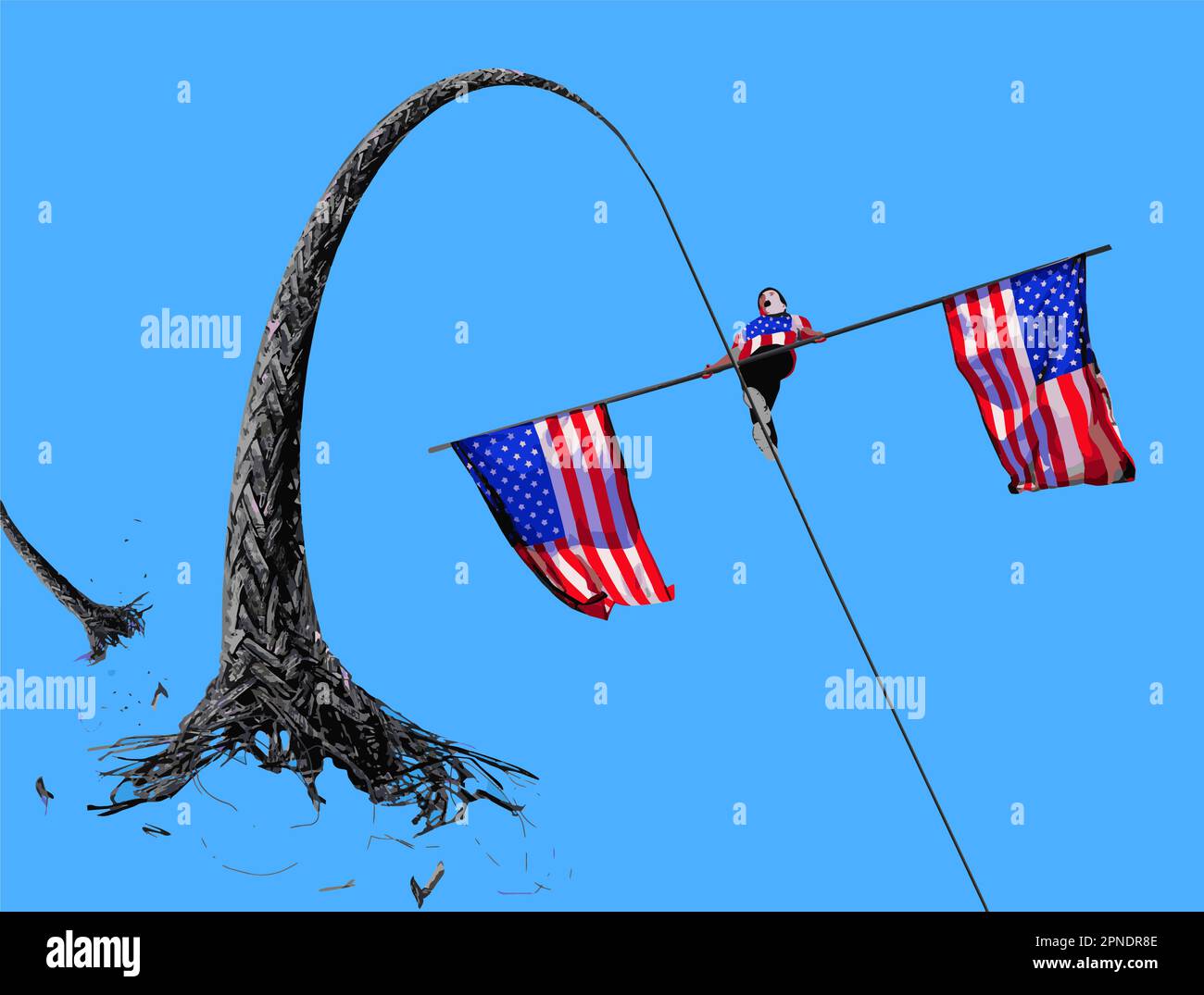 Une corde serrée s'emboîte, ce qui fait un mauvais avenir pour le drapeau américain portant un haut marcheur de fil dans une métaphore sur la politique américaine. C'est un vecteur. Illustration de Vecteur