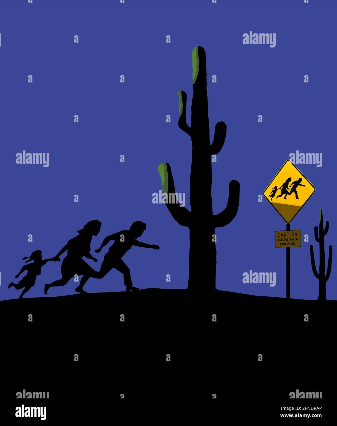 Les immigrants illégaux sont vus courir dans le désert la nuit après le cactus et un signe sur les immigrants illégaux. C'est un vecteur. Illustration de Vecteur