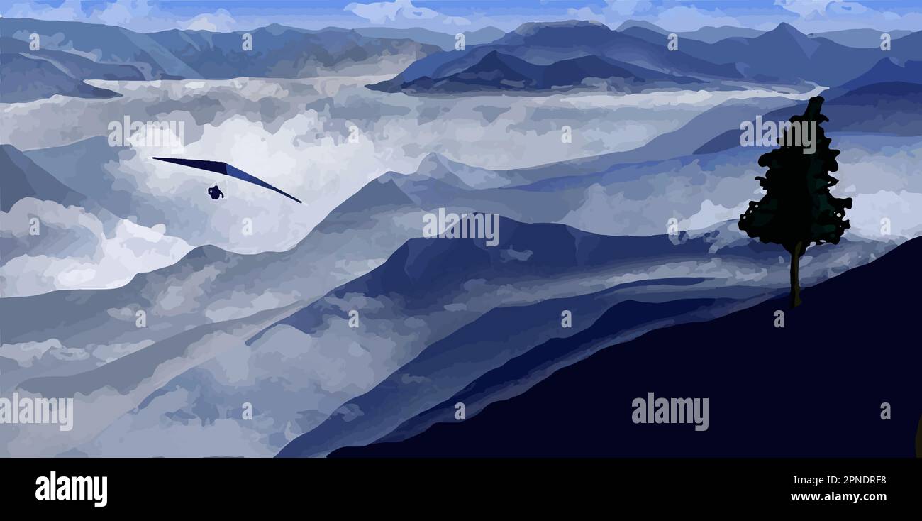 Une personne est suspendue au-dessus d'une vallée de montagne brumeuse dans une belle image vectorielle. Illustration de Vecteur