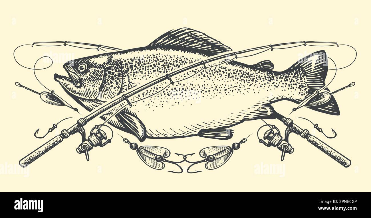 Gros poisson, tiges croisées et emblème de l'attaque. Pêche, concept de style de vie de sports de plein air, croquis vintage illustration vectorielle Illustration de Vecteur