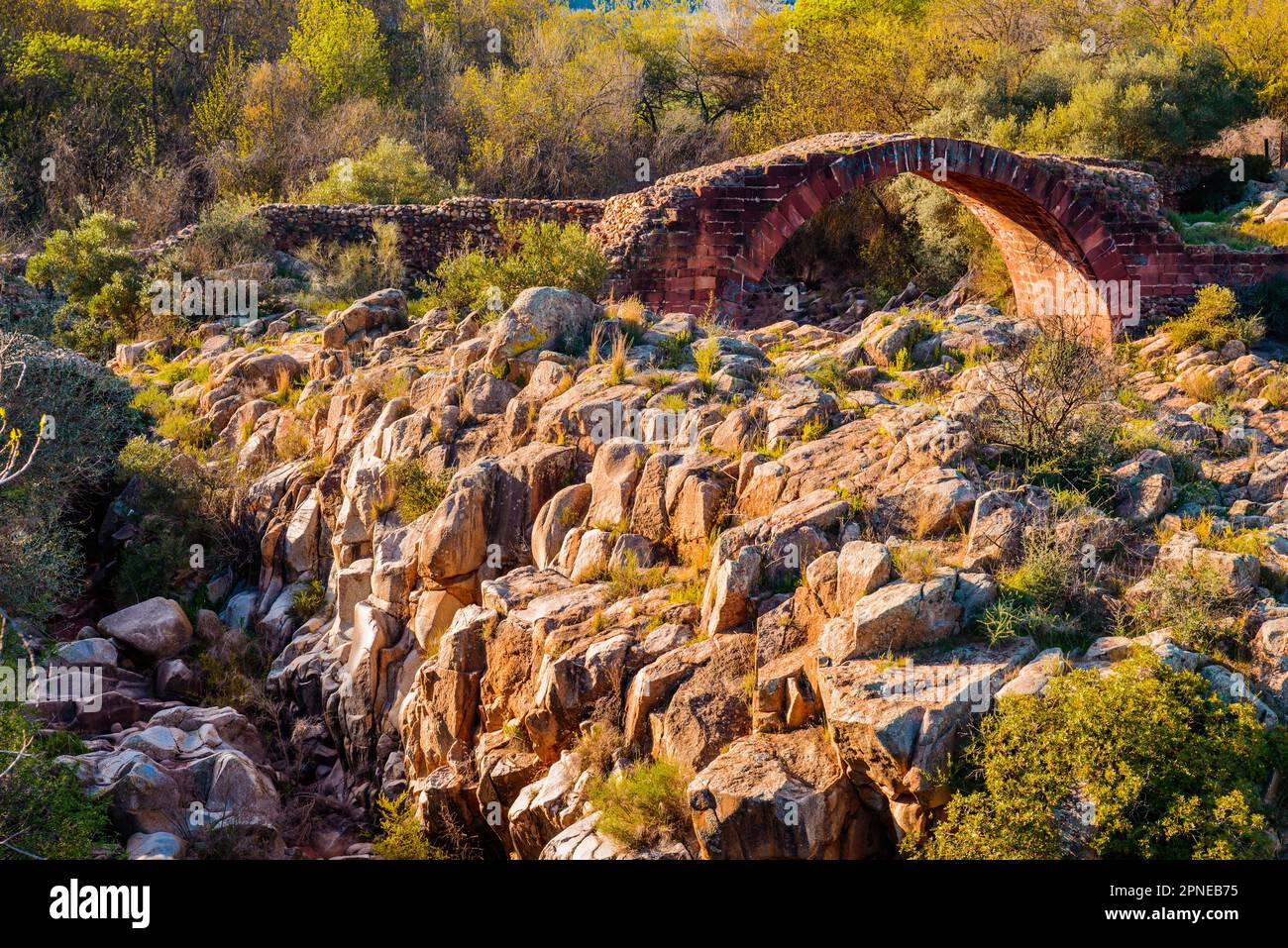 Pont romain de Vadollano. Le monument naturel d'El Piélago abrite une belle partie de la rivière Guarrizas avec une valeur naturelle et historique extraordinaire. Banque D'Images