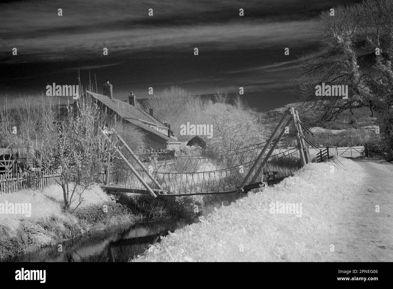 2023 avril - Monochrome 720nm infrarouge d'une promenade privée au-dessus de la rivière Yeo près de Cheddar, Somerset, Angleterre, Royaume-Uni. Banque D'Images