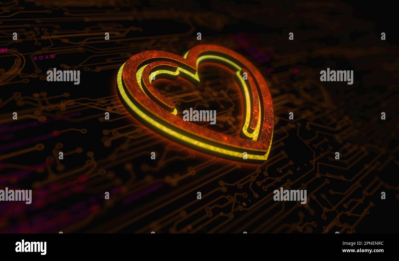 Cœur amour santé ai code technologique et cyber datant symbole concept numérique. Réseau, cyber-technologie et ordinateur résumé 3D illustration. Banque D'Images