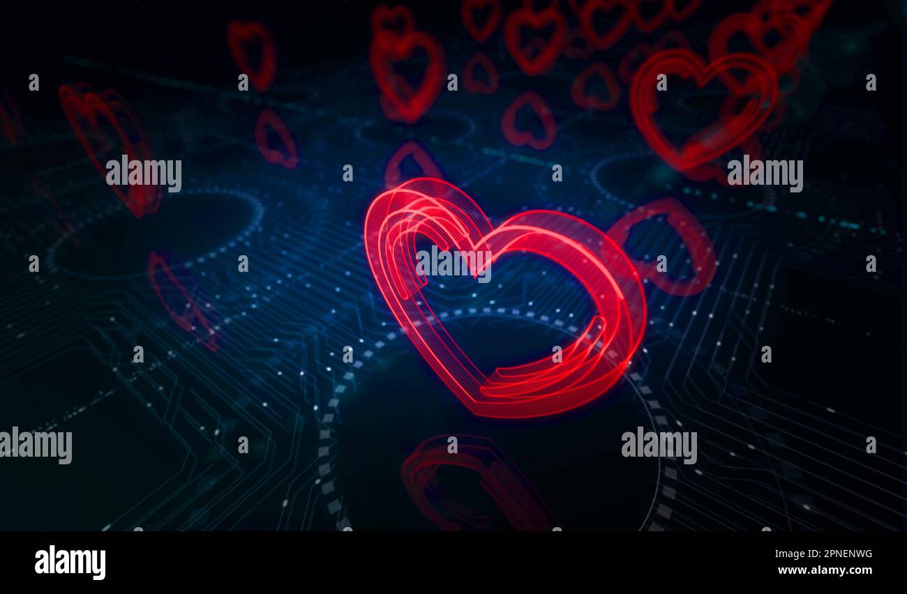 Cœur amour santé ai code technologique et cyber datant symbole concept numérique. Réseau, cyber-technologie et ordinateur résumé 3D illustration. Banque D'Images