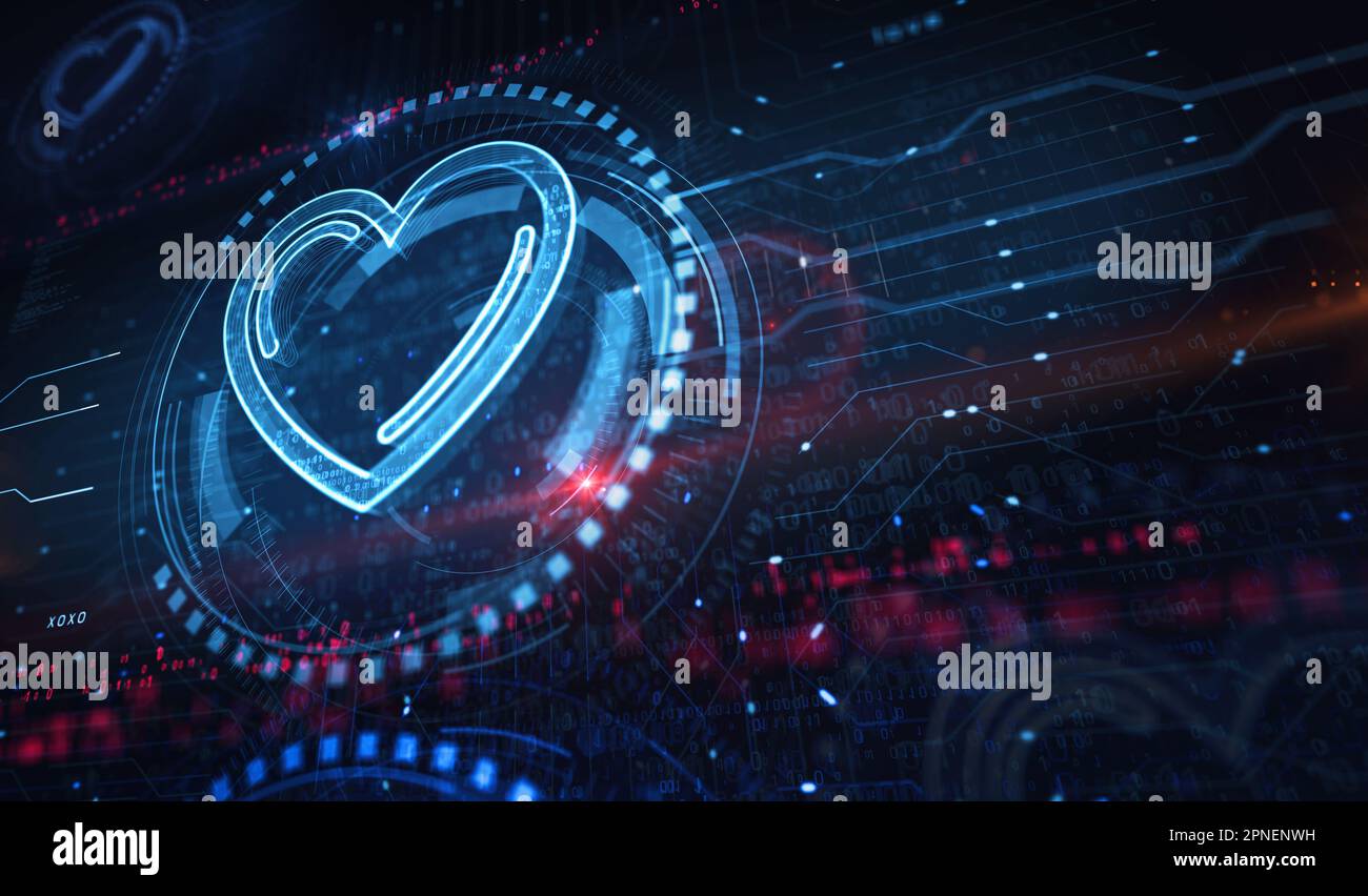 Cœur amour santé ai code technologique et cyber datant symbole concept numérique. Réseau, cyber-technologie et ordinateur résumé 3D illustration. Banque D'Images