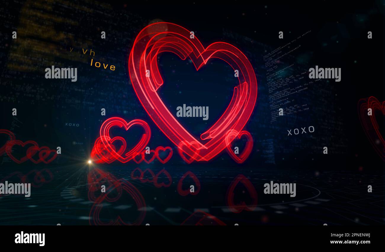 Cœur amour santé ai code technologique et cyber datant symbole concept numérique. Réseau, cyber-technologie et ordinateur résumé 3D illustration. Banque D'Images