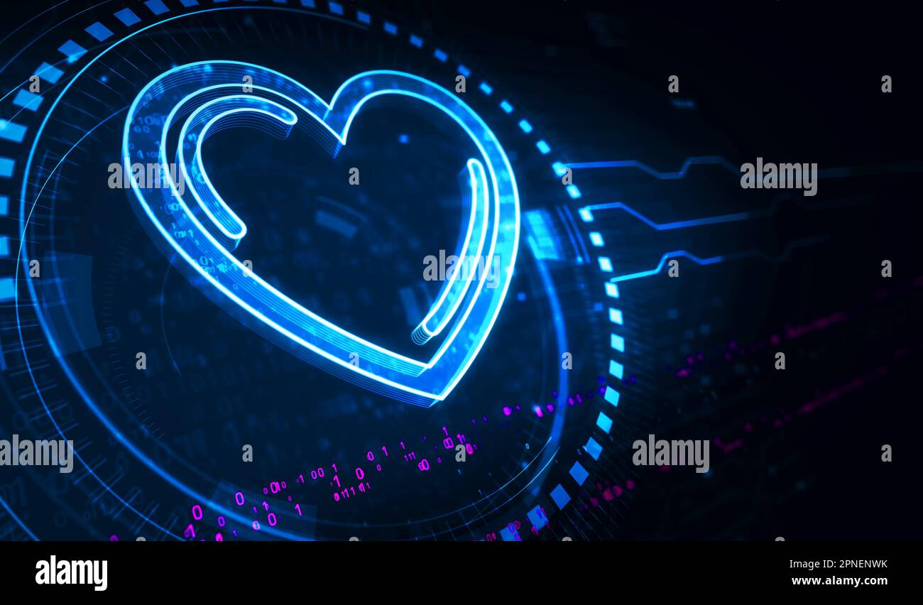 Cœur amour santé ai code technologique et cyber datant symbole concept numérique. Réseau, cyber-technologie et ordinateur résumé 3D illustration. Banque D'Images