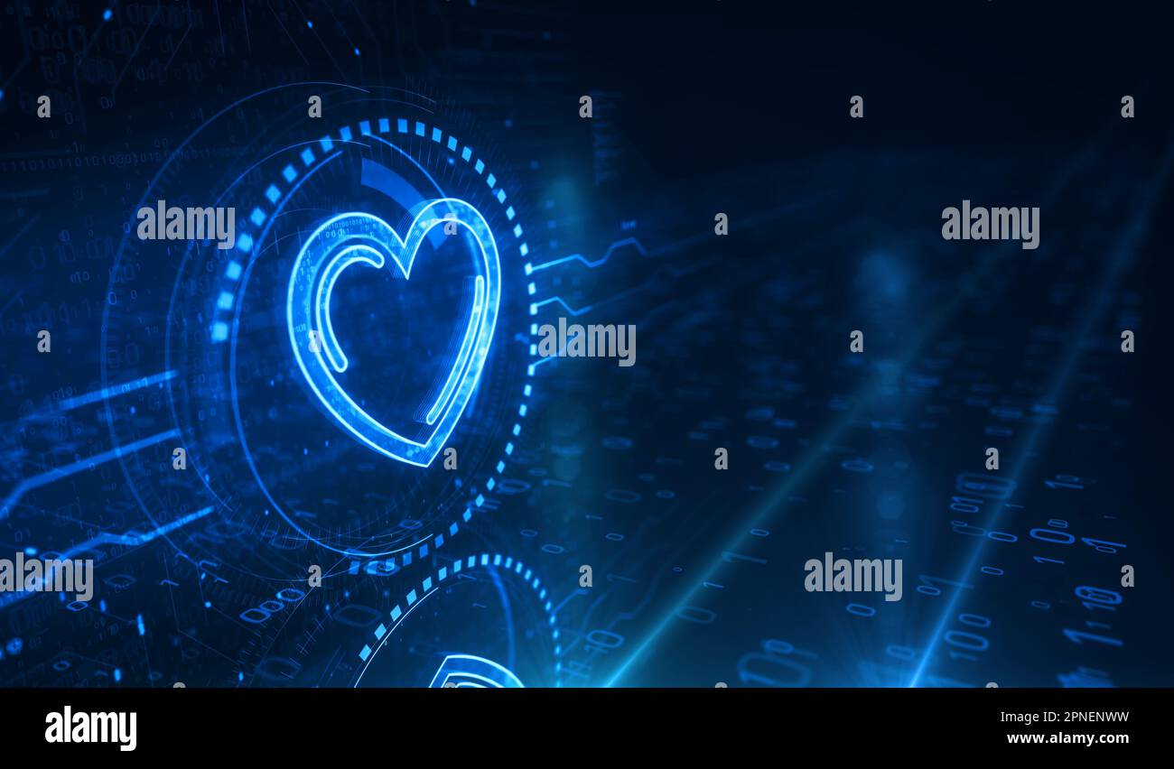 Cœur amour santé ai code technologique et cyber datant symbole concept numérique. Réseau, cyber-technologie et ordinateur résumé 3D illustration. Banque D'Images