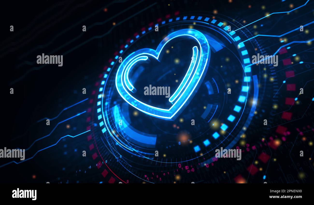 Cœur amour santé ai code technologique et cyber datant symbole concept numérique. Réseau, cyber-technologie et ordinateur résumé 3D illustration. Banque D'Images