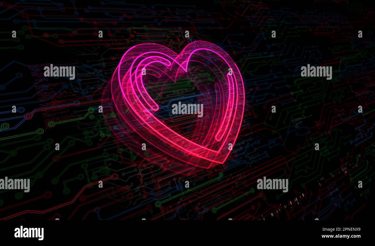 Cœur amour santé ai code technologique et cyber datant symbole concept numérique. Réseau, cyber-technologie et ordinateur résumé 3D illustration. Banque D'Images