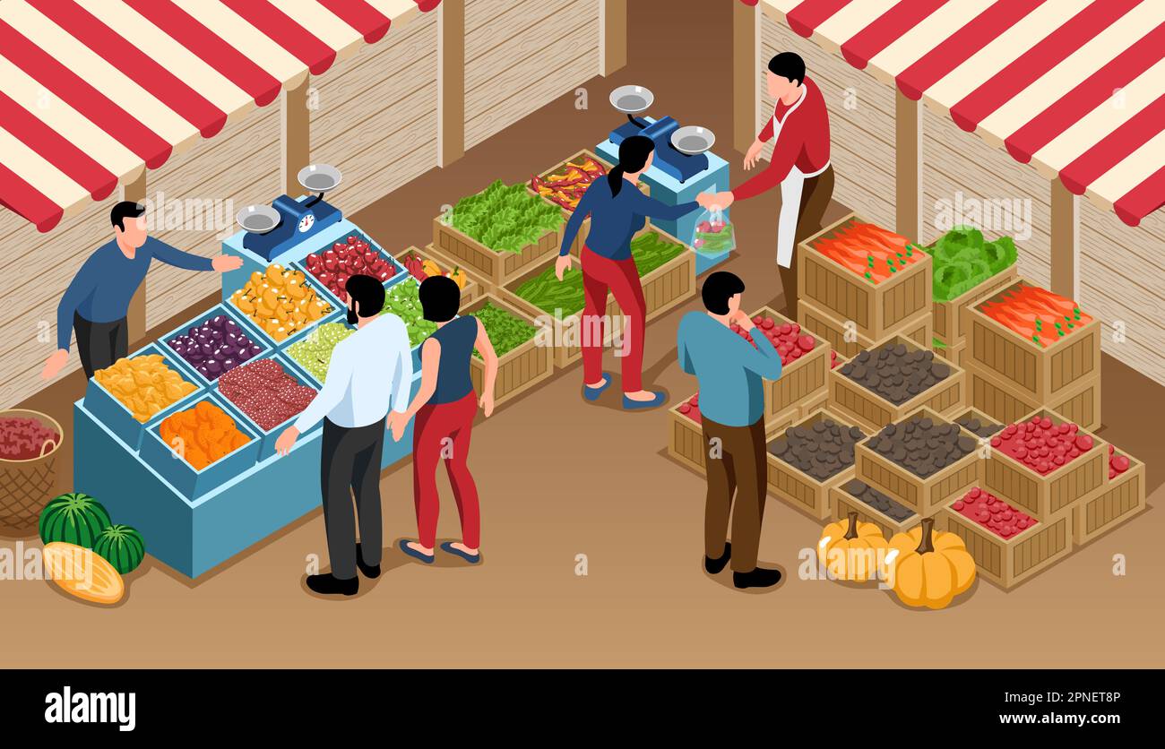 Marché local agricole extérieur fragment isométrique avec comptoirs et boîtes avec illustrations vectorielles de fruits et légumes frais Illustration de Vecteur