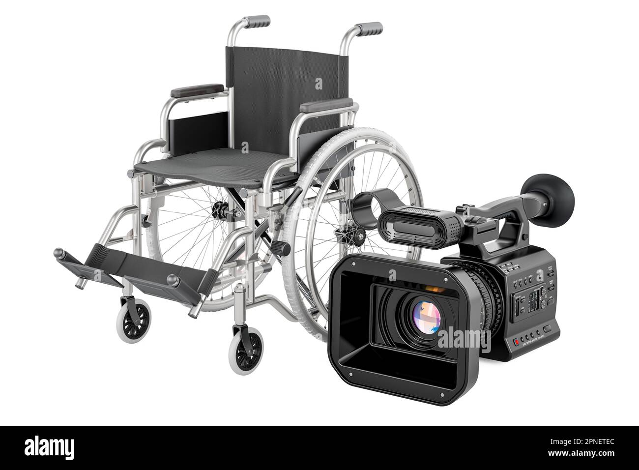 Caméra vidéo professionnelle avec fauteuil roulant manuel. 3D rendu isolé sur fond blanc Banque D'Images