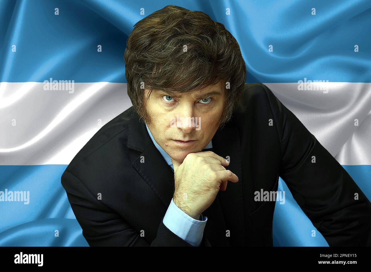 Javier Milei et drapeau de l'Argentine. Président argentin. Président de l'Argentine. Banque D'Images