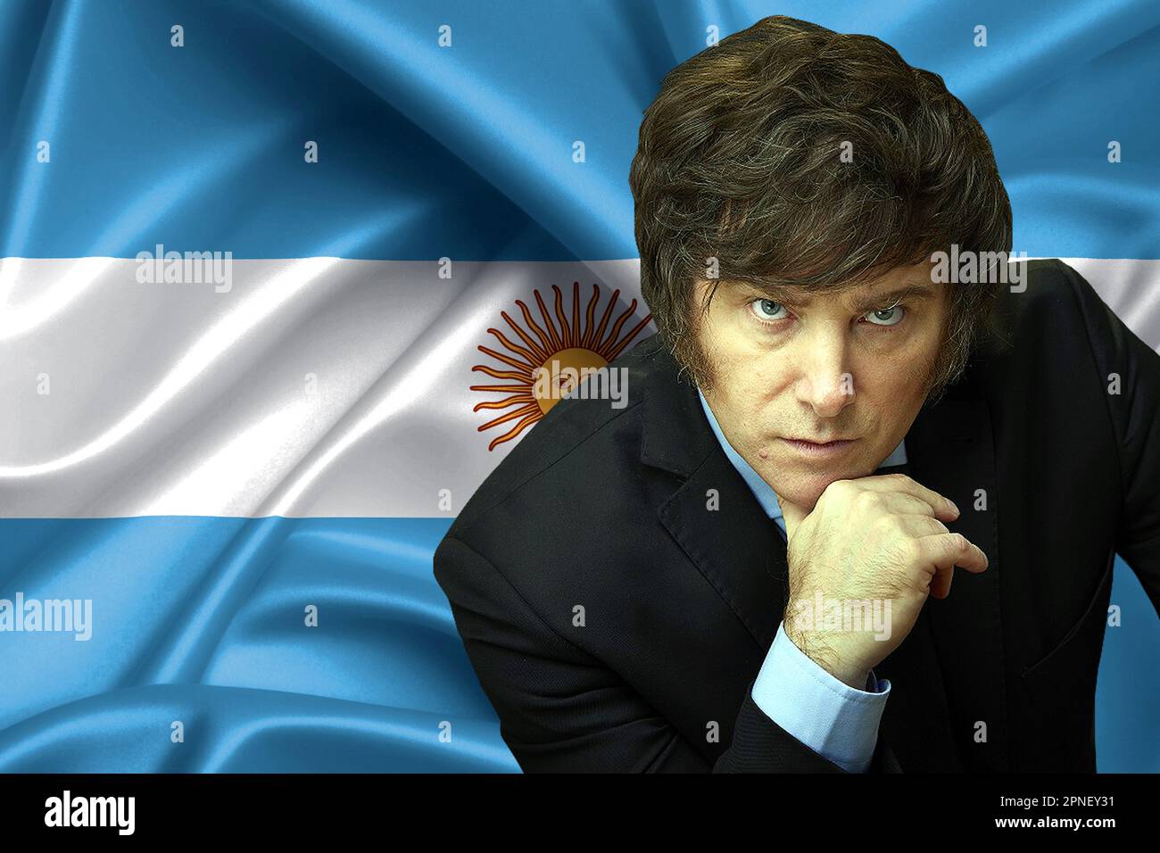 Javier Milei et drapeau de l'Argentine. Président argentin. Président de l'Argentine. Banque D'Images