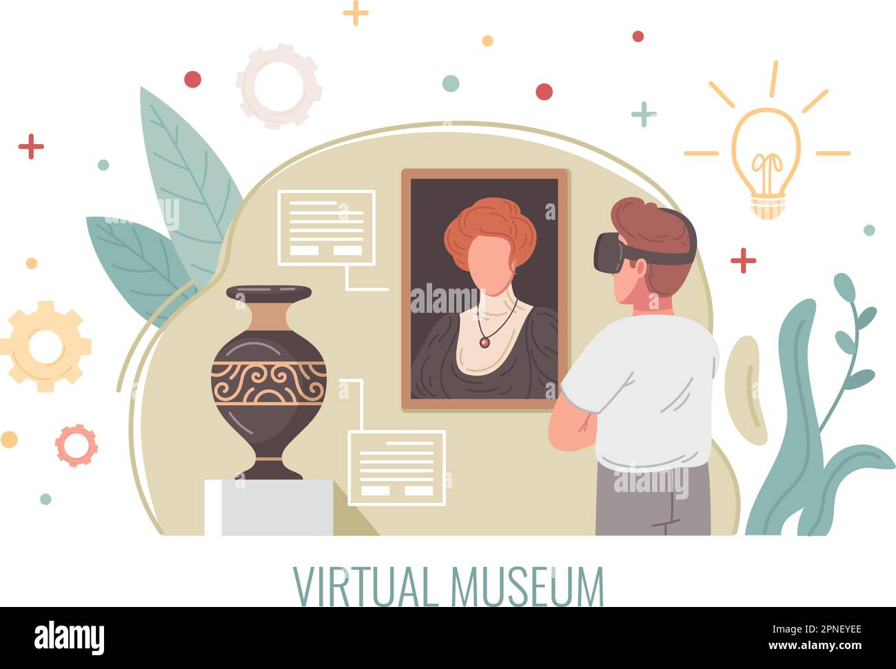Concept de dessin animé du musée de réalité virtuelle avec l'homme ayant une tournée d'exposition dans l'illustration vectorielle du cyberespace Illustration de Vecteur