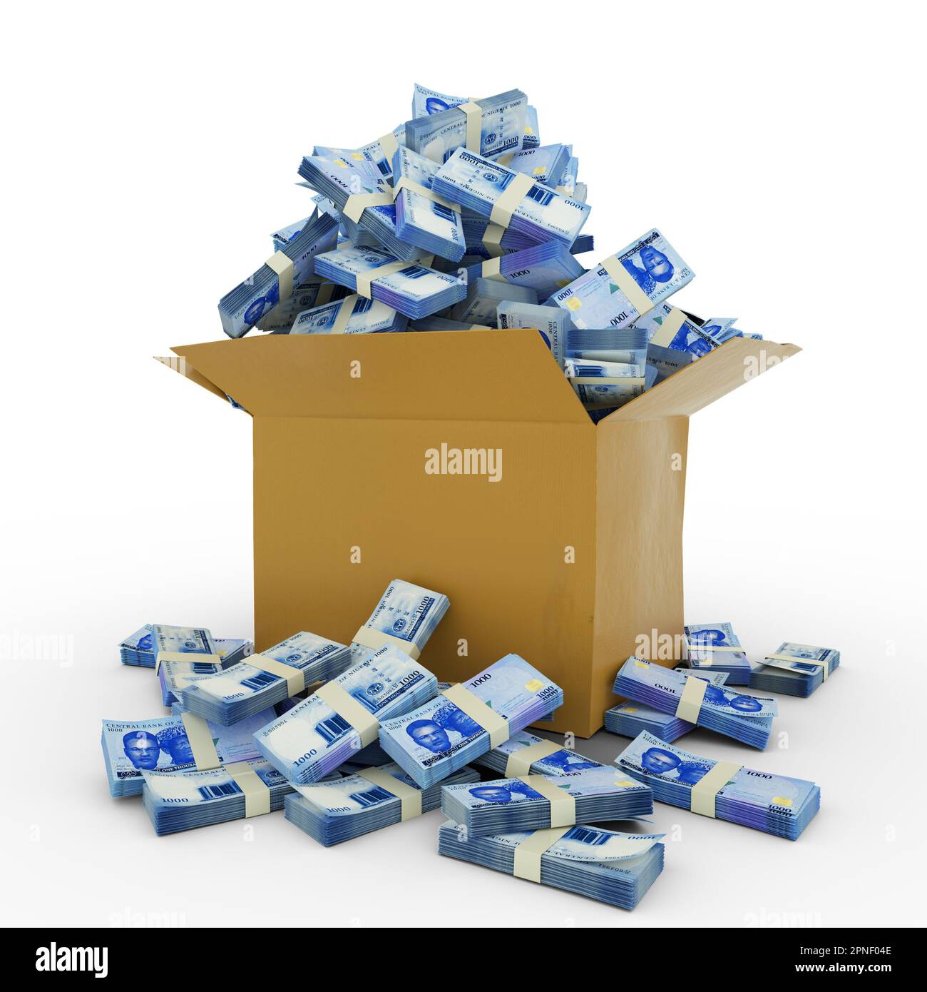 3D rendu d'une boîte de carton pleine de notes niaira nigérianes isolées sur fond blanc Banque D'Images
